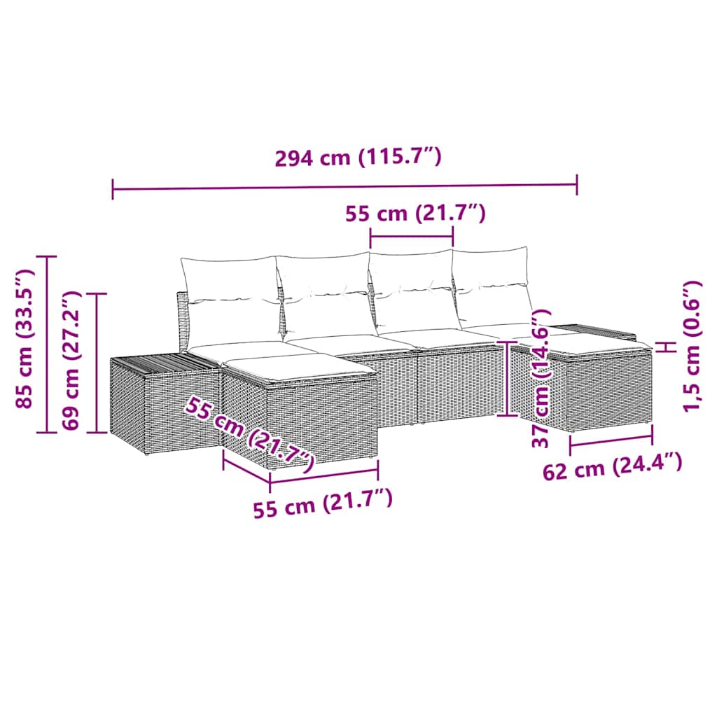 Havesofa Sæt med pude 6 pcs Beige og lys grå Poly Rattan