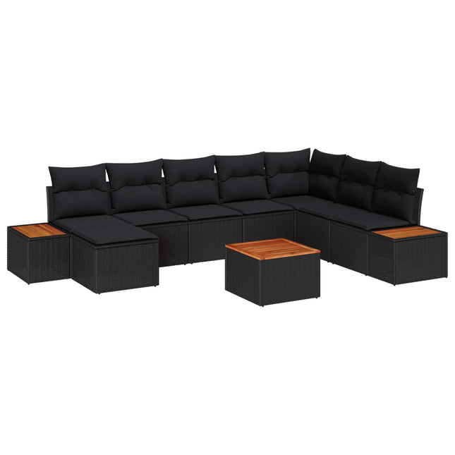 Havesofa Sæt med pude med opbevaring 9 pcs Sort Polyrattan