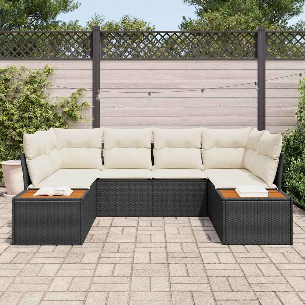 Havesofa Sæt med pude 6 pcs Sort og cremefarvet Poly rattan