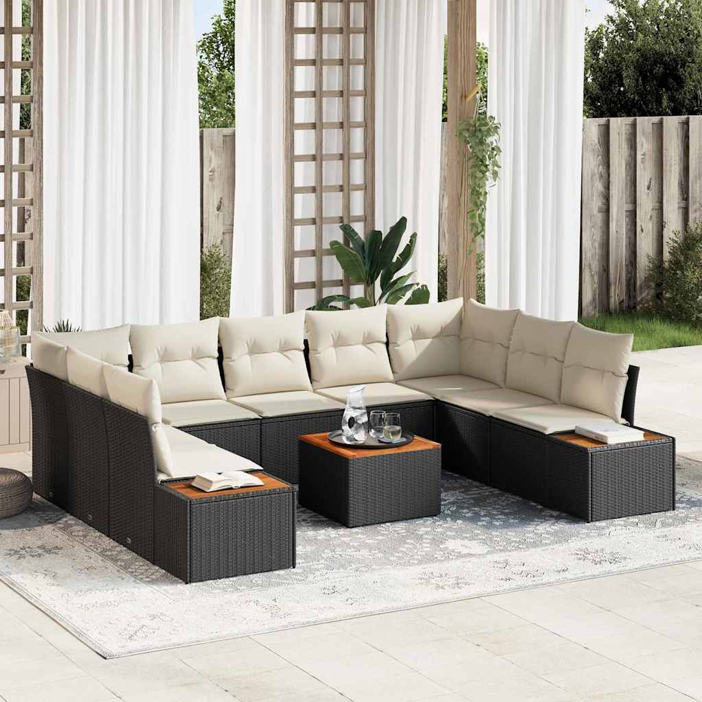 Havesofa Sæt med pude 6 pcs Sort og cremefarvet Poly rattan