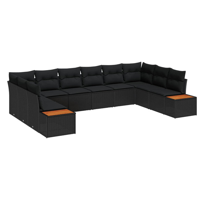 Havesofa Sæt med pude med opbevaring 10 pcs Sort Polyrattan