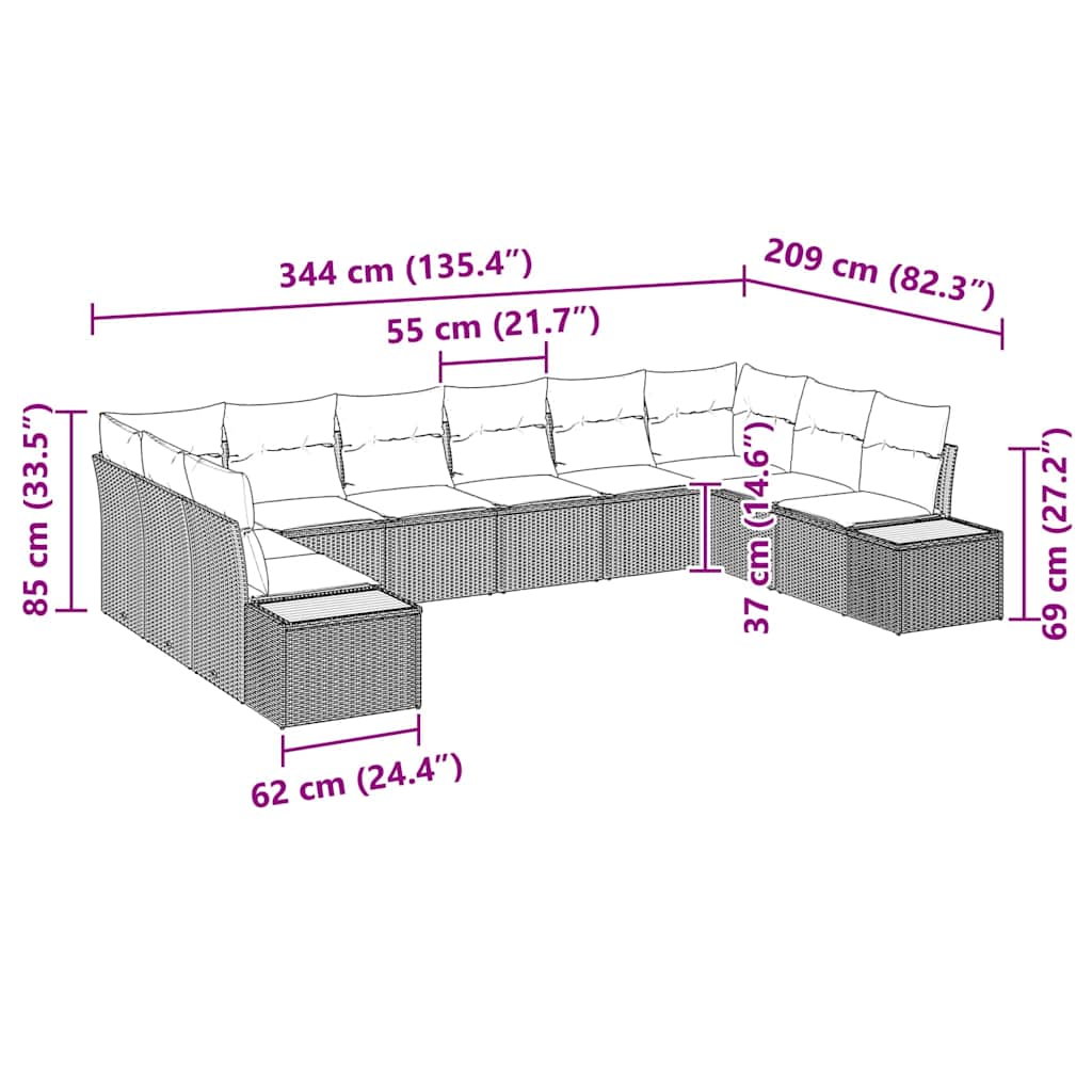 Havesofa Sæt med pude 10 pcs Beige og lys grå Polyrattan