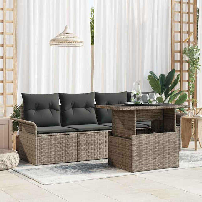 Havesofa Sæt med pude med opbevaring 5 pcs Grå Poly Rattan