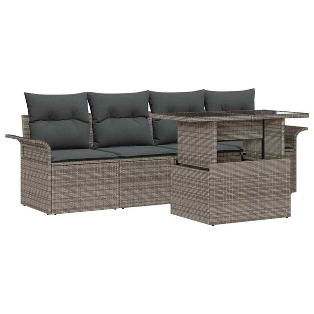 Havesofa Sæt med pude med opbevaring 5 pcs Grå Poly Rattan