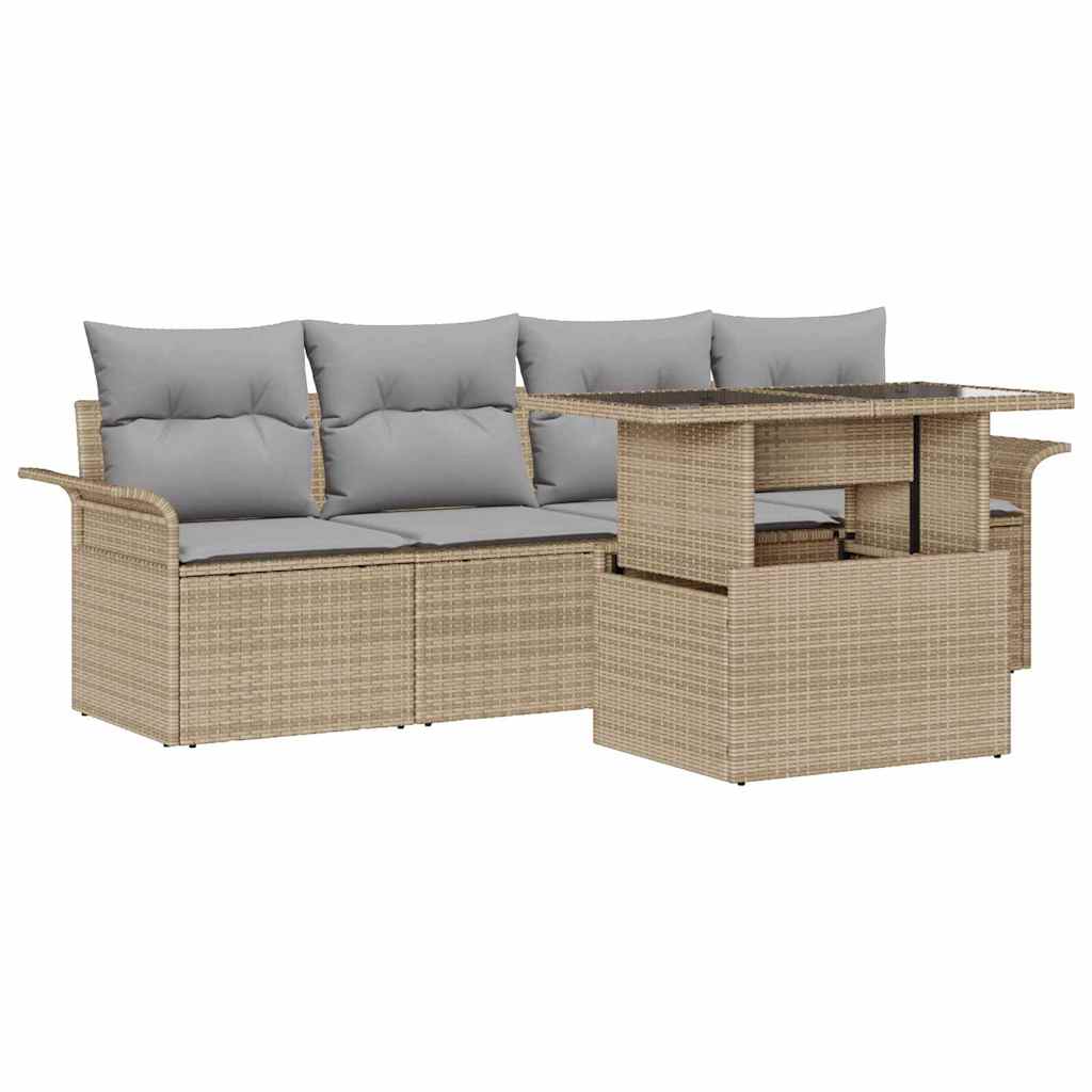 Havesofa Sæt med pude med opbevaring 5 pcs Beige Poly Rattan