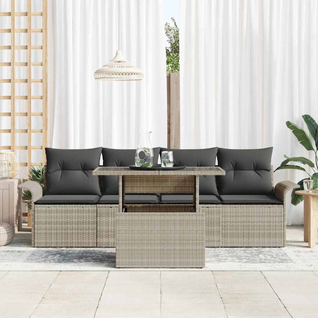 Havesofa Sæt med pude med opbevaring 5 pcs Lysegrå Poly Rattan