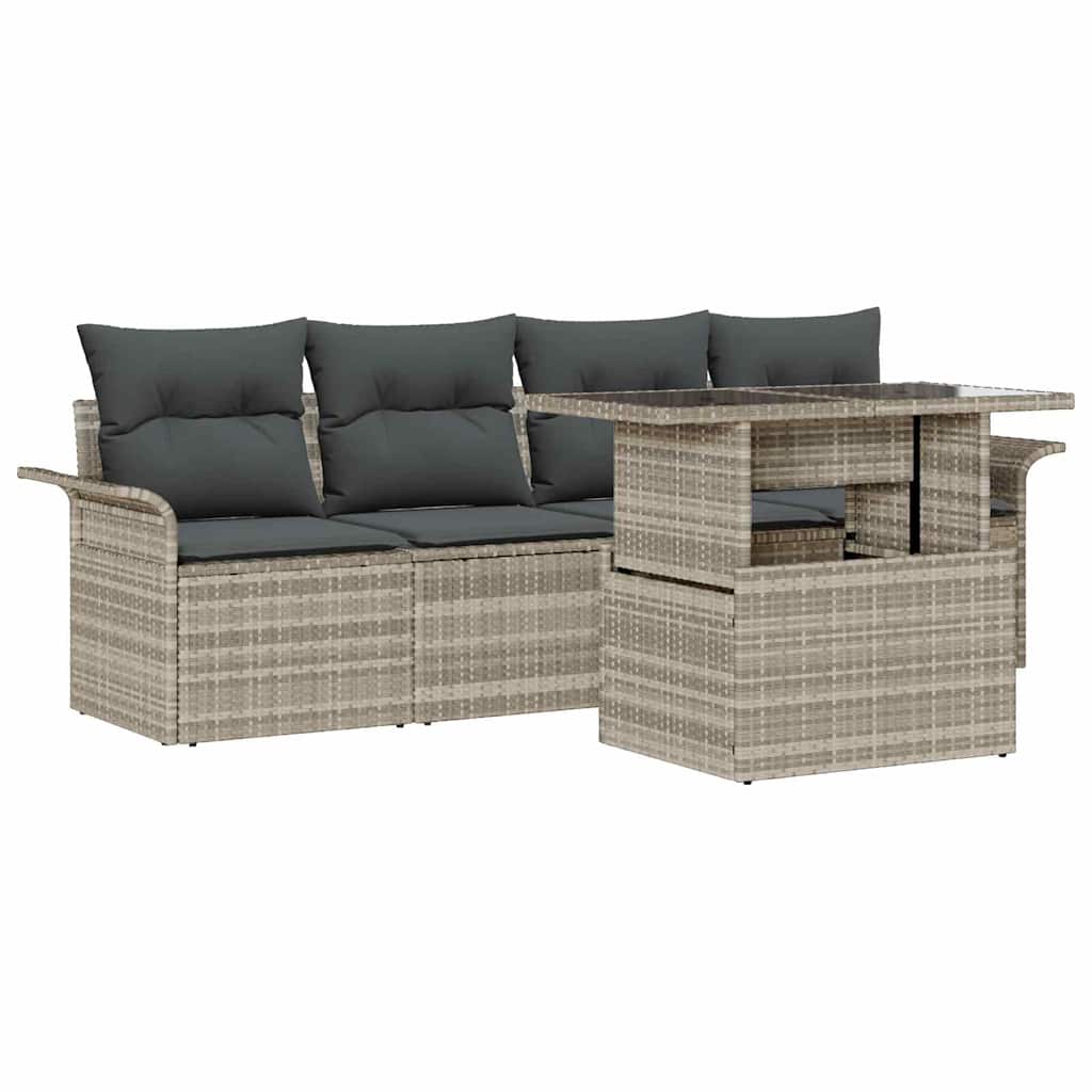Havesofa Sæt med pude med opbevaring 5 pcs Lysegrå Poly Rattan