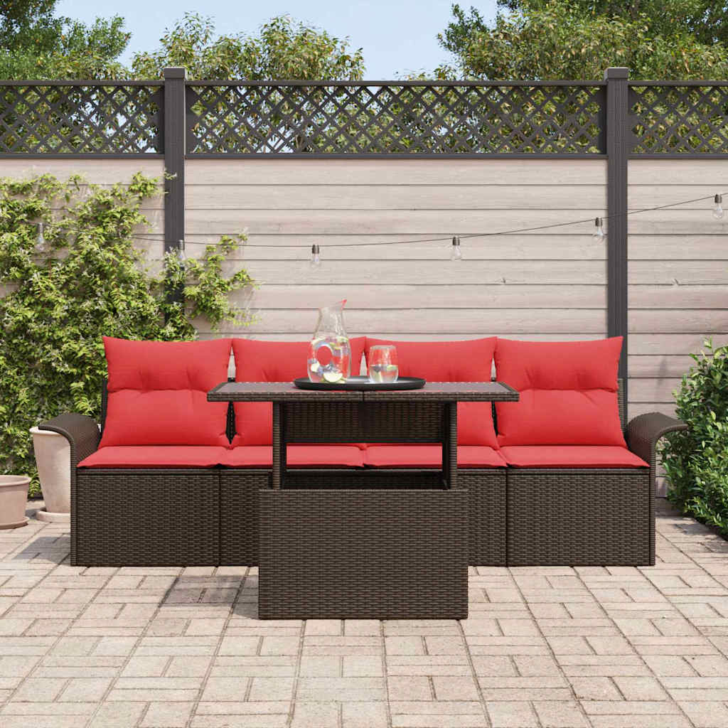 Havesofa Sæt med pude med opbevaring 5 pcs Brun Poly rattan