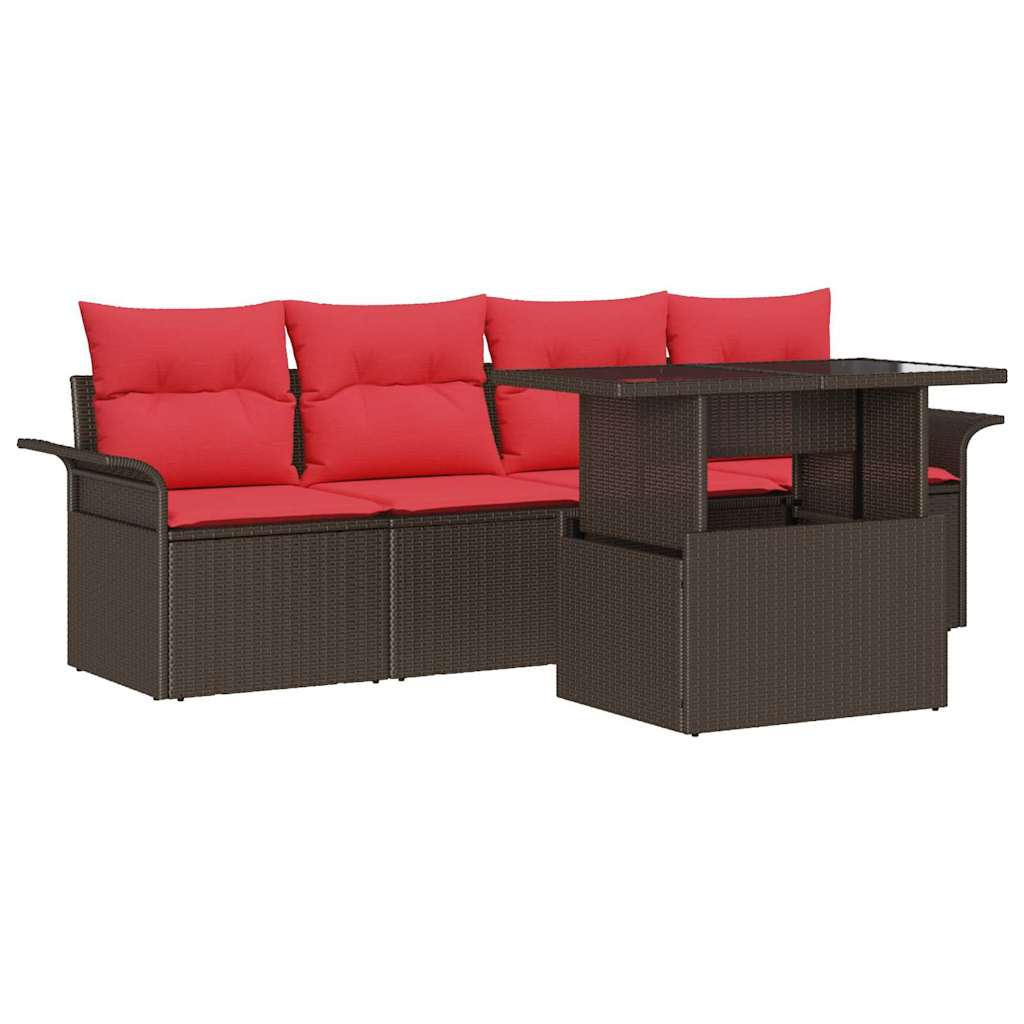 Havesofa Sæt med pude med opbevaring 5 pcs Brun Poly rattan