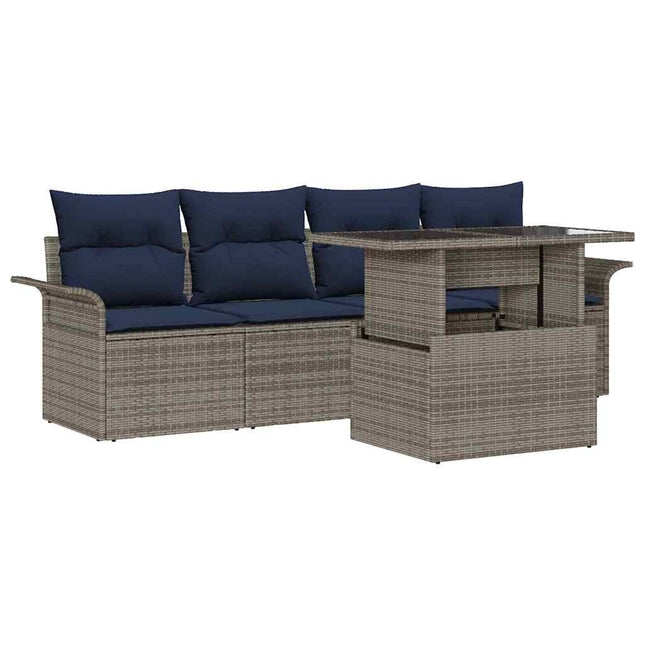 Havesofa Sæt med pude med opbevaring 5 pcs Grå Poly rattan