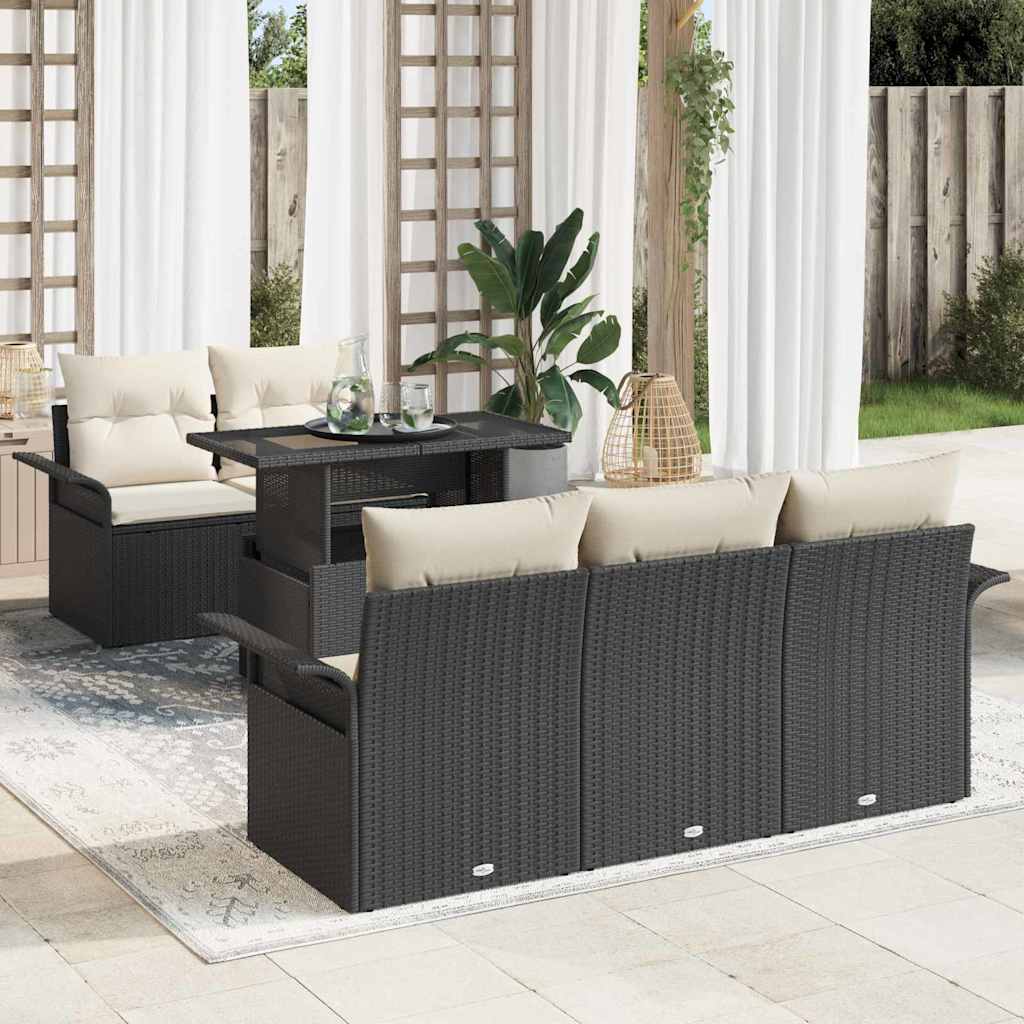 Havesofa Sæt med pude med opbevaring 6 pcs Sort Poly Rattan