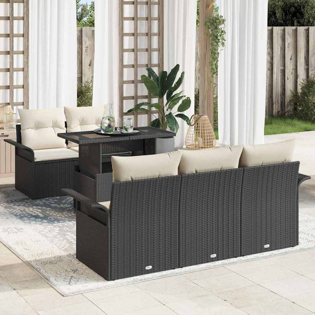 Havesofa Sæt med pude med opbevaring 6 pcs Sort Poly Rattan