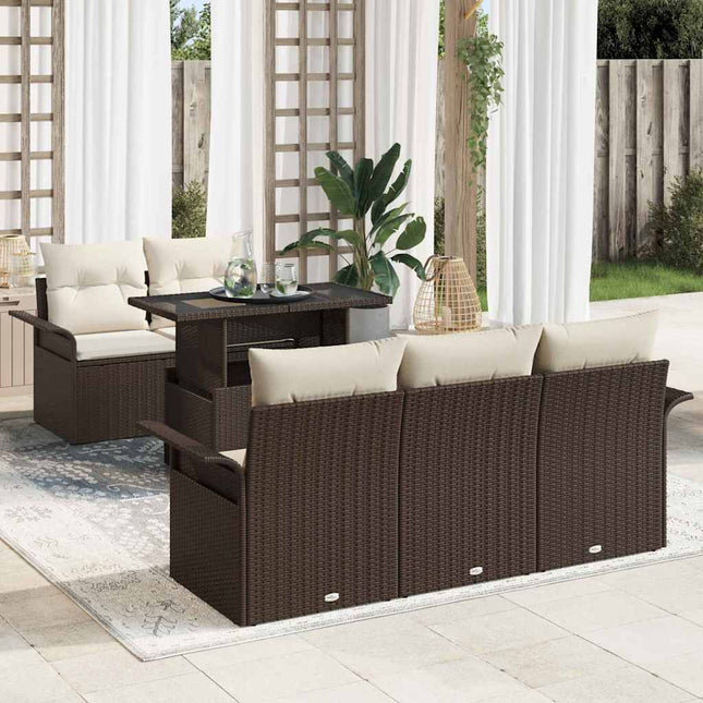 Havesofa Sæt med pude med opbevaring 6 pcs Brun Poly Rattan