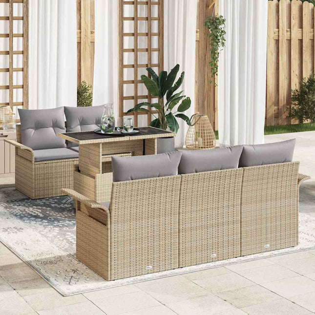Havesofa Sæt med pude med opbevaring 6 pcs Beige Poly Rattan