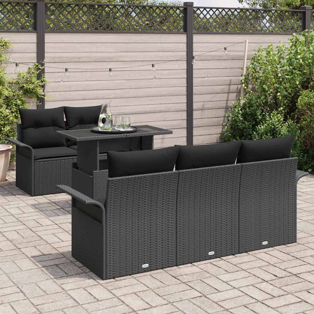 Havesofa Sæt med pude med opbevaring 6 pcs Sort Poly Rattan
