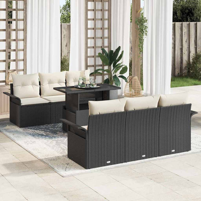 Havesofa Sæt med pude med opbevaring 7 pcs Sort Poly rattan