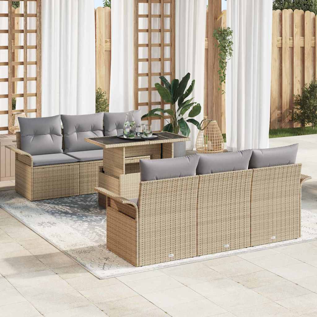 Havesofa Sæt med pude med opbevaring 7 pcs Beige Poly Rattan
