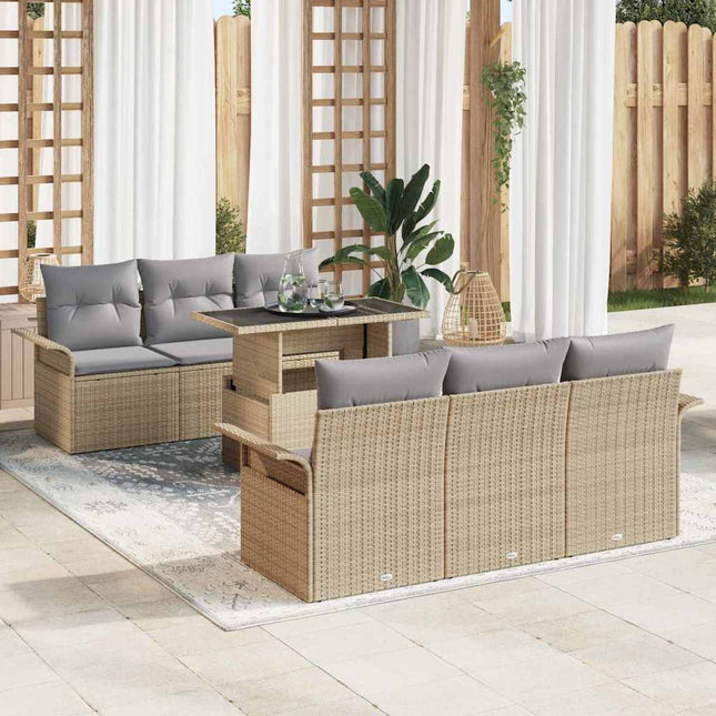 Havesofa Sæt med pude med opbevaring 7 pcs Beige Poly Rattan