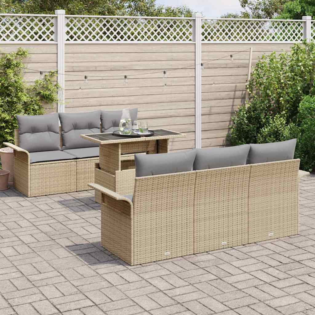 Havesofa Sæt med pude med opbevaring 7 pcs Beige Poly Rattan