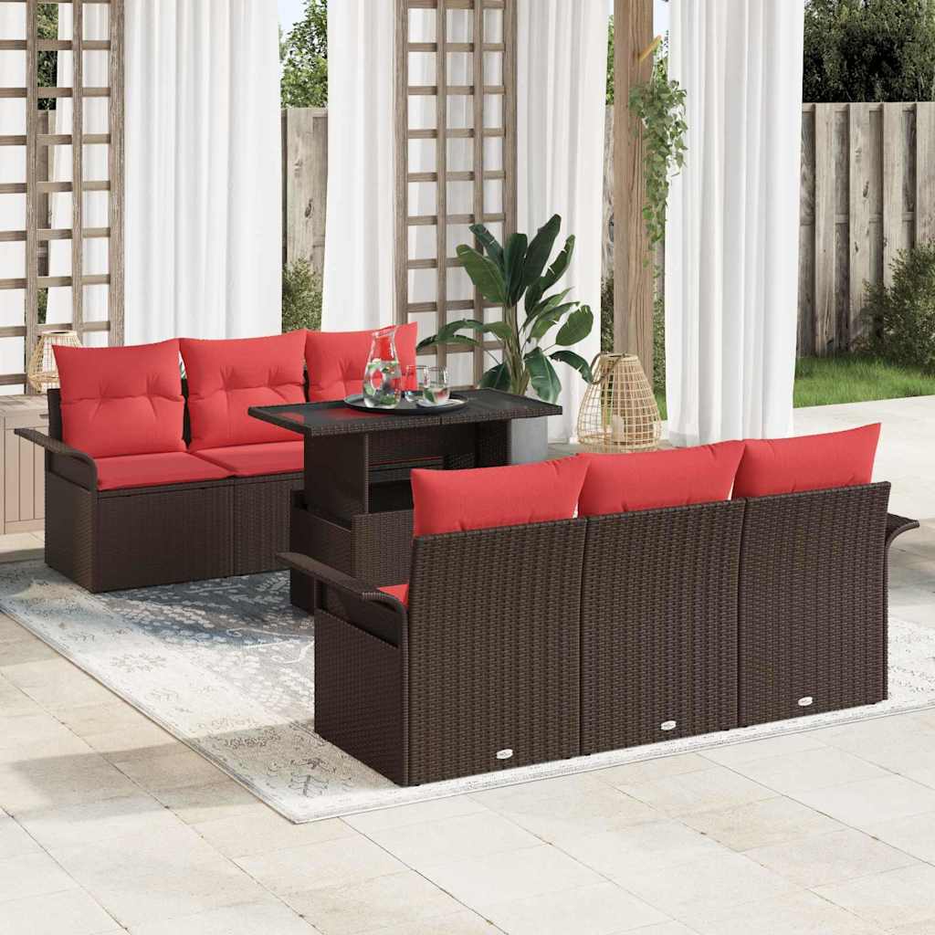 Havesofa Sæt med pude med opbevaring 7 pcs Brun Poly Rattan