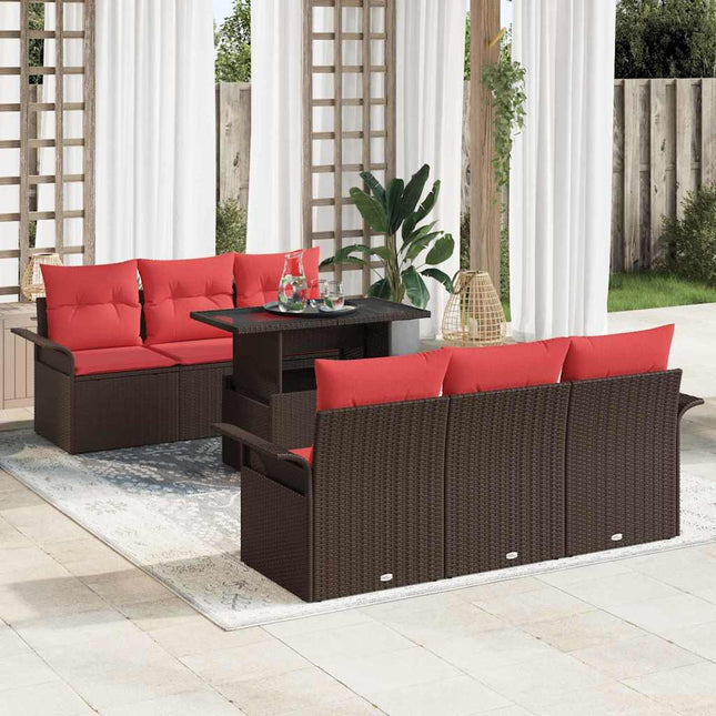 Havesofa Sæt med pude med opbevaring 7 pcs Brun Poly Rattan