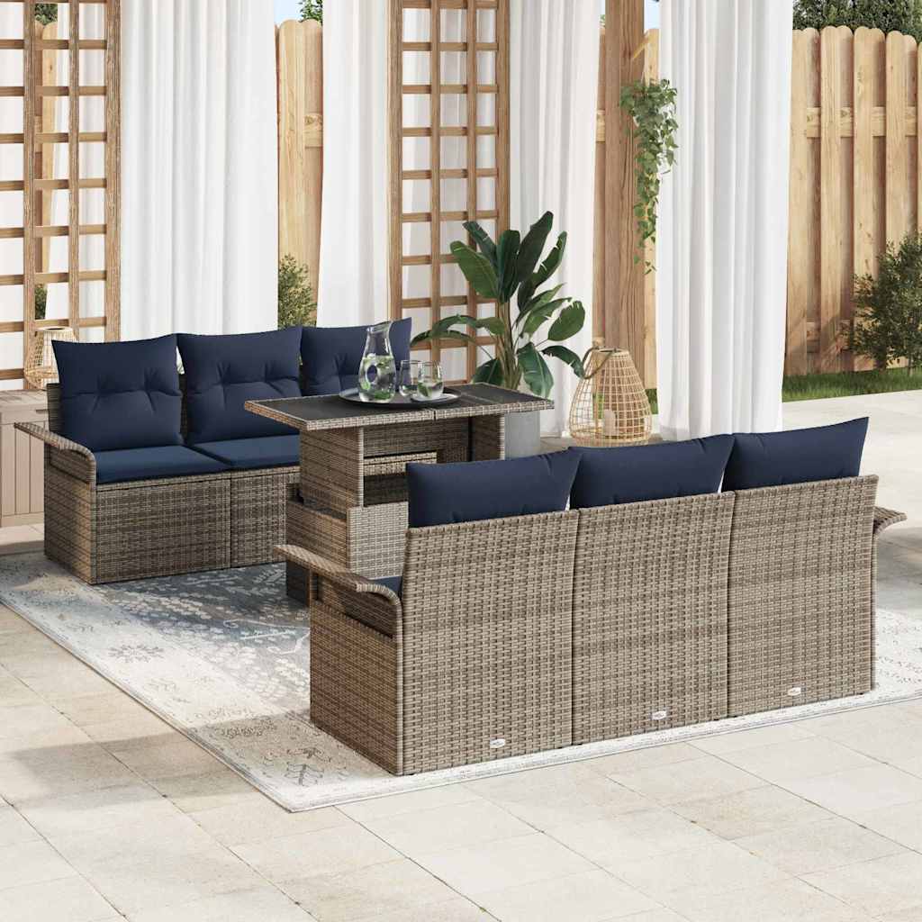 Havesofa Sæt med pude med opbevaring 7 pcs Grå Poly Rattan