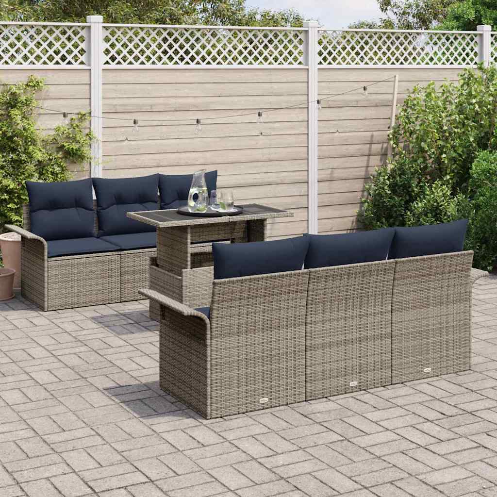 Havesofa Sæt med pude med opbevaring 7 pcs Grå Poly Rattan