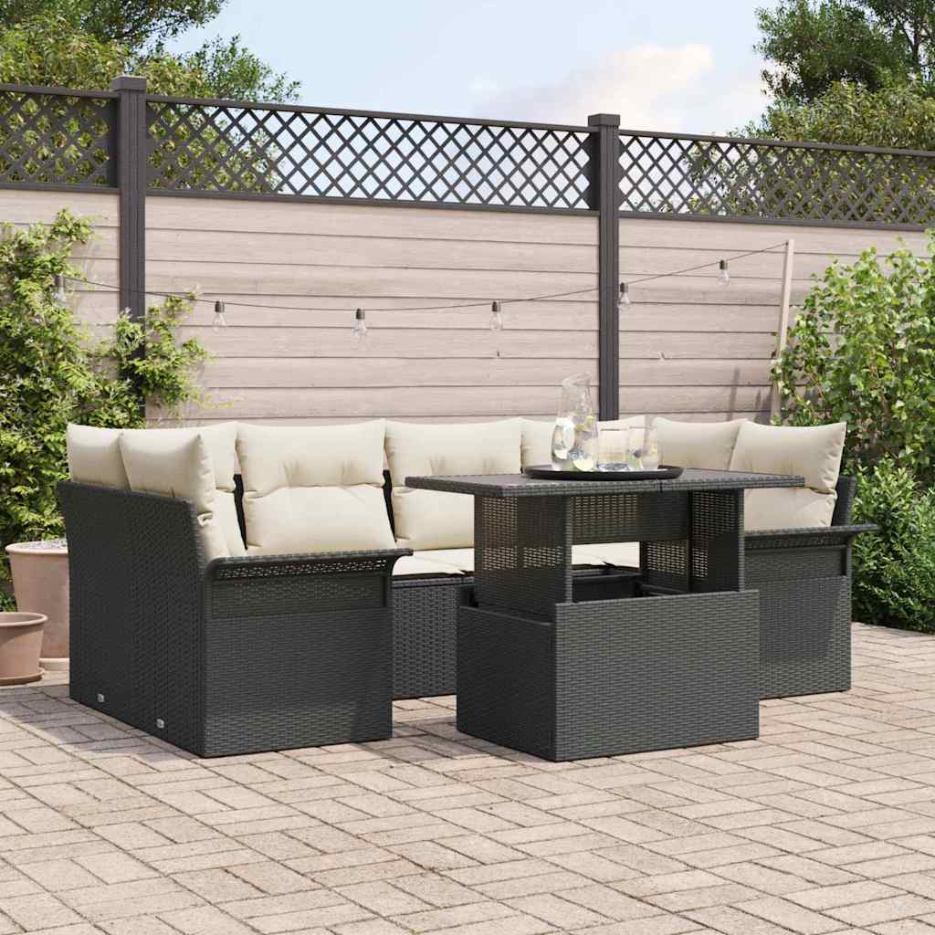 Havesofa Sæt med pude med opbevaring 7 pcs Sort Poly rattan