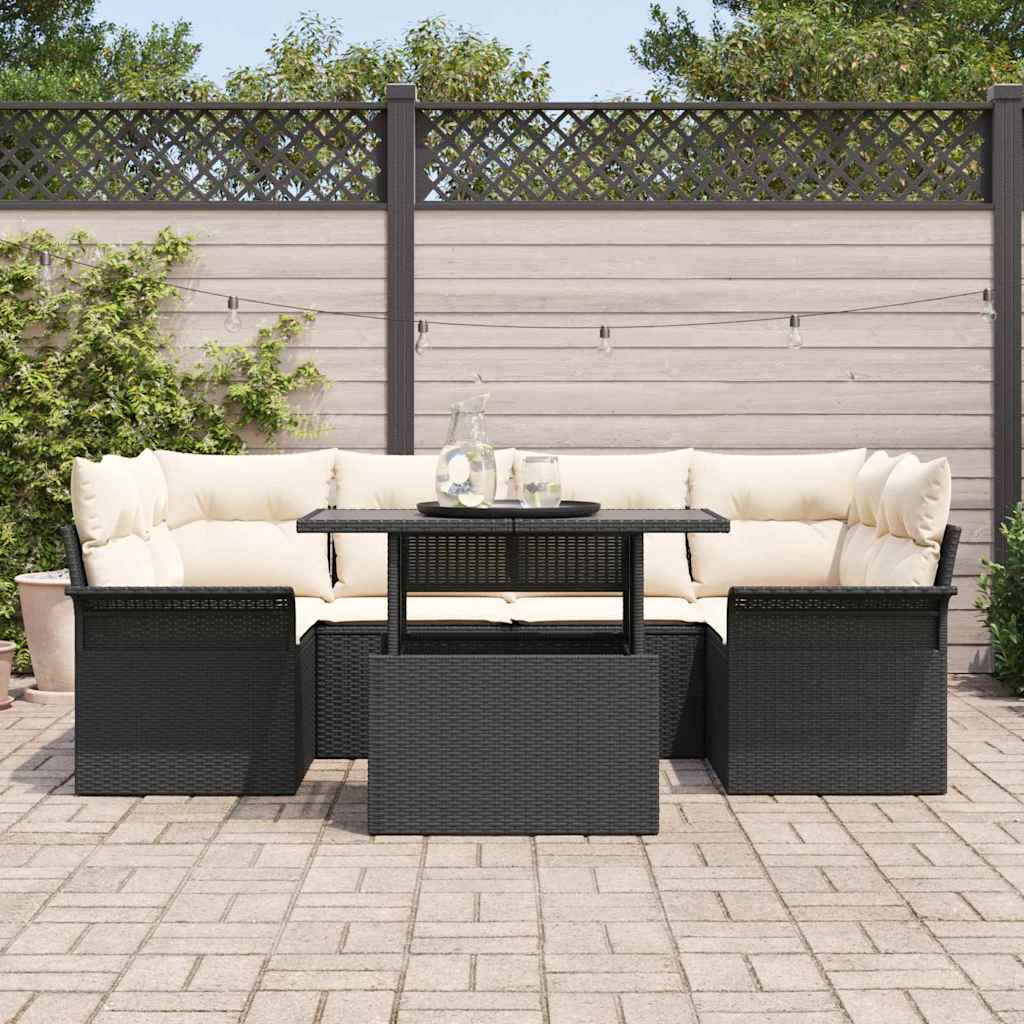 Havesofa Sæt med pude med opbevaring 7 pcs Sort Poly rattan