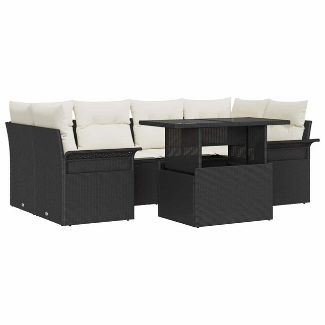 Havesofa Sæt med pude med opbevaring 7 pcs Sort Poly rattan