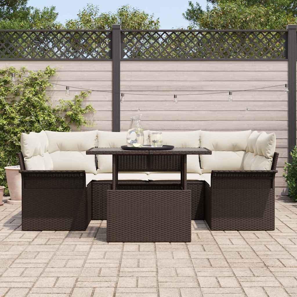 Havesofa Sæt med pude med opbevaring 7 pcs Brun Poly rattan