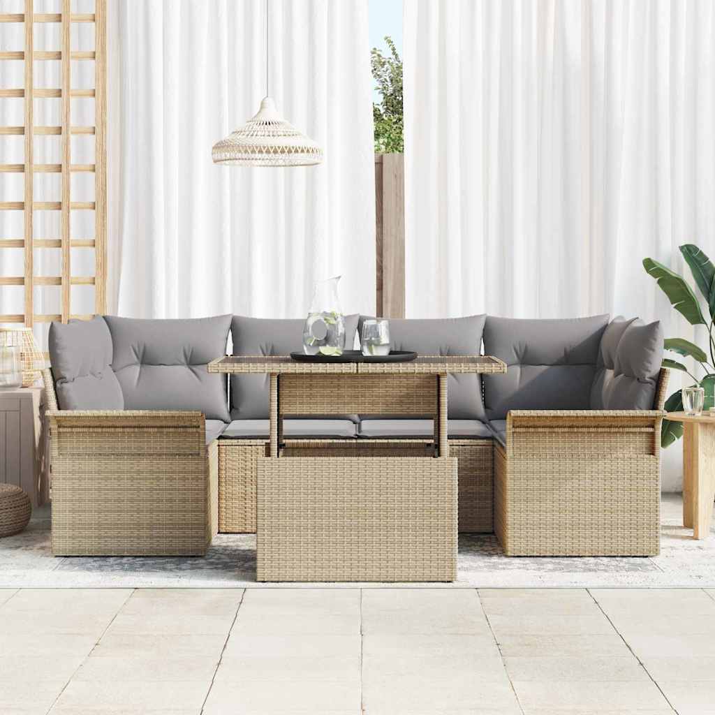 Havesofa Sæt med pude med opbevaring 7 pcs Beige Poly rattan