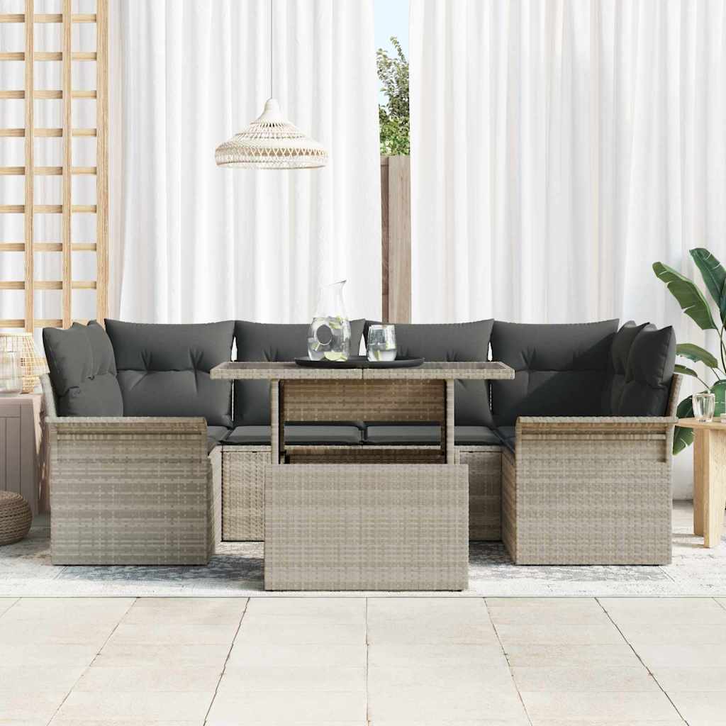Havesofa Sæt med pude med opbevaring 7 pcs Lysegrå Poly rattan