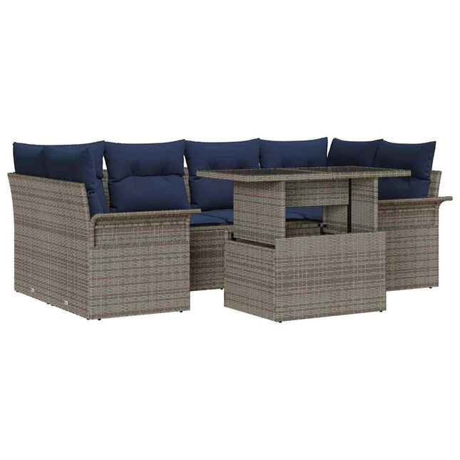 Havesofa Sæt med pude med opbevaring 7 pcs Grå Poly Rattan