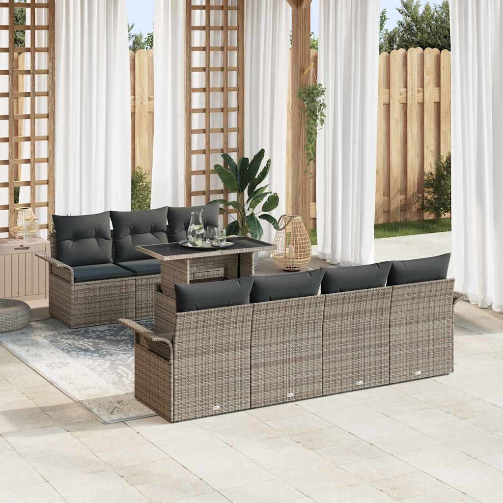 Havesofa Sæt med pude med opbevaring 8 pcs Grå Poly Rattan