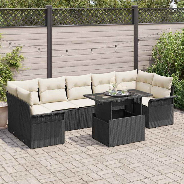 Havesofa Sæt med pude med opbevaring 8 pcs Sort Poly rattan