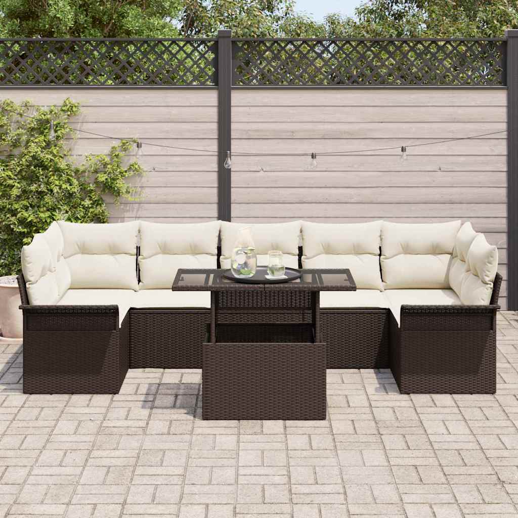 Havesofa Sæt med pude med opbevaring 8 pcs Brun Poly rattan