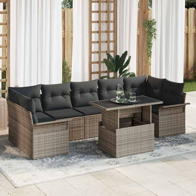 Havesofa Sæt med pude med opbevaring 8 pcs Grå Poly rattan