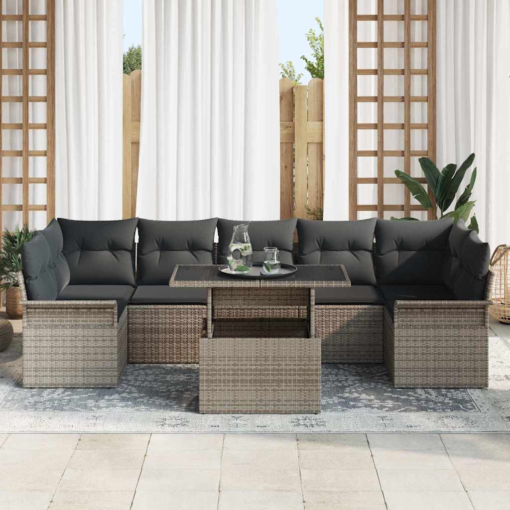 Havesofa Sæt med pude med opbevaring 8 pcs Grå Poly rattan
