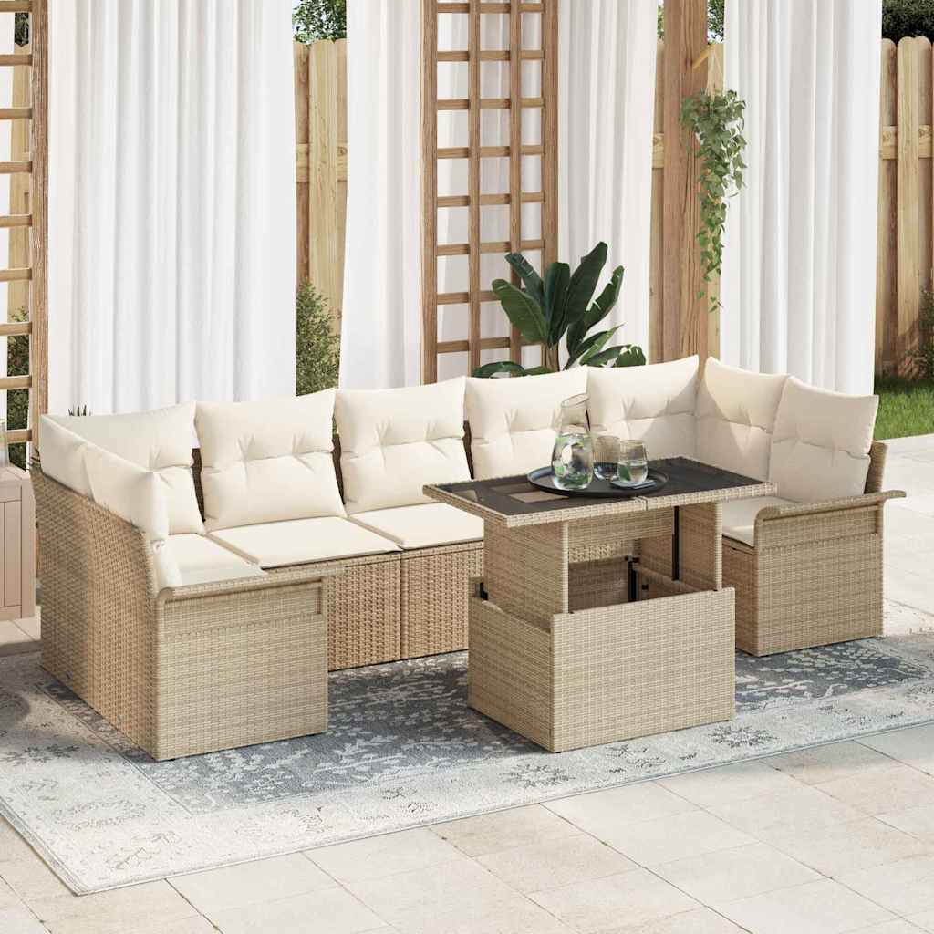 Havesofa Sæt med pude med opbevaring 8 pcs Beige Poly Rattan