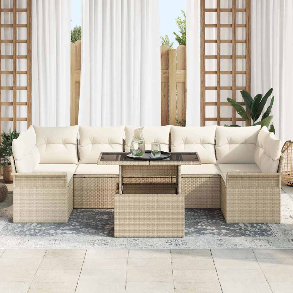 Havesofa Sæt med pude med opbevaring 8 pcs Beige Poly Rattan