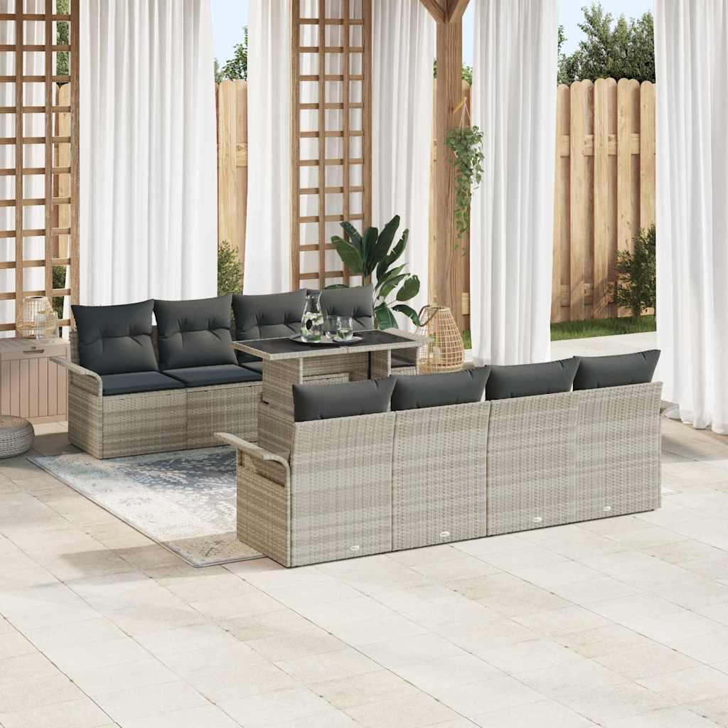 Havesofa Sæt med pude med opbevaring 9 pcs Lysegrå Poly rattan