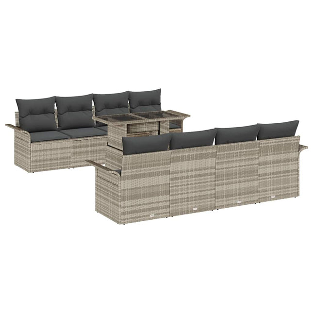 Havesofa Sæt med pude med opbevaring 9 pcs Lysegrå Poly rattan