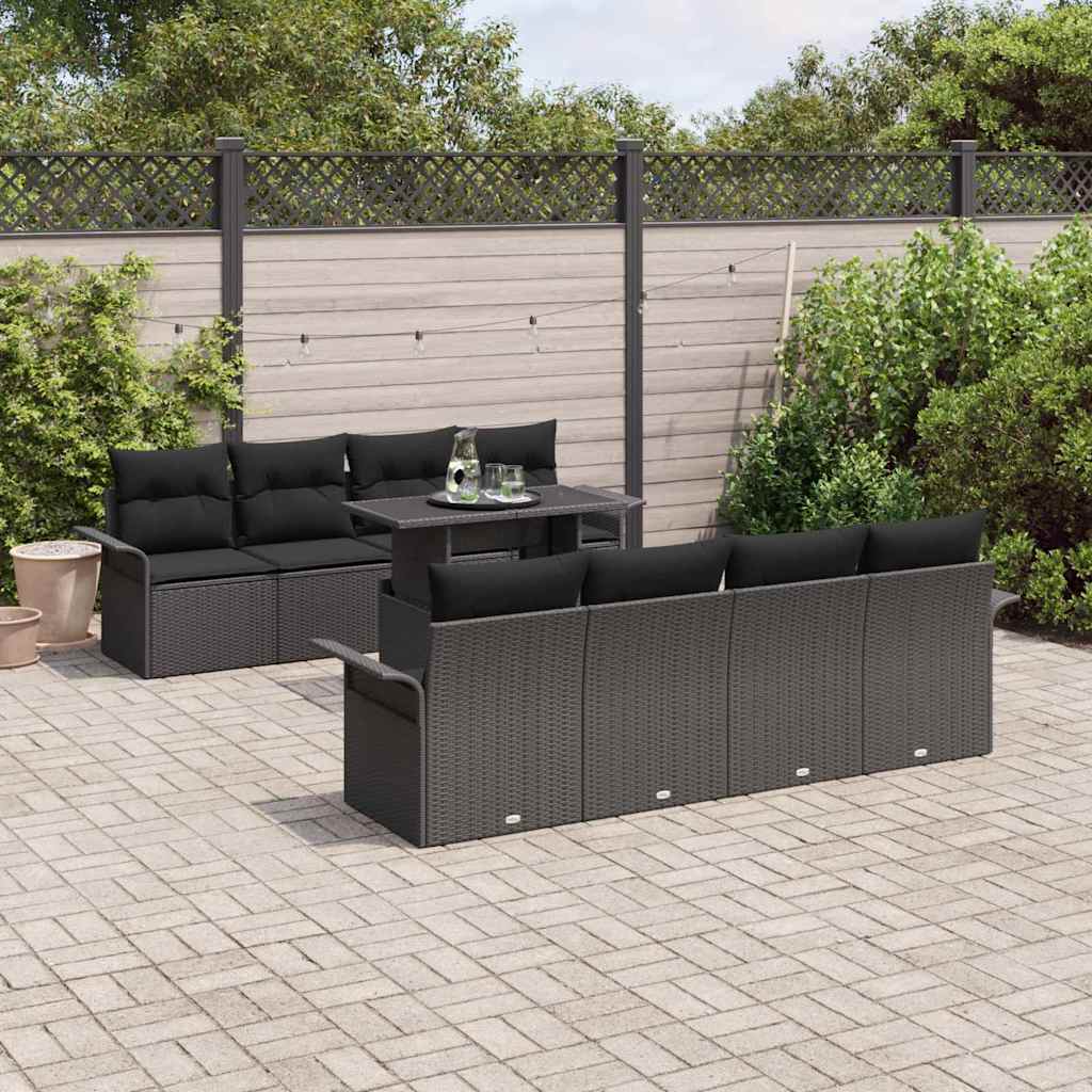 Havesofa Sæt med pude med opbevaring 9 pcs Sort Poly Rattan
