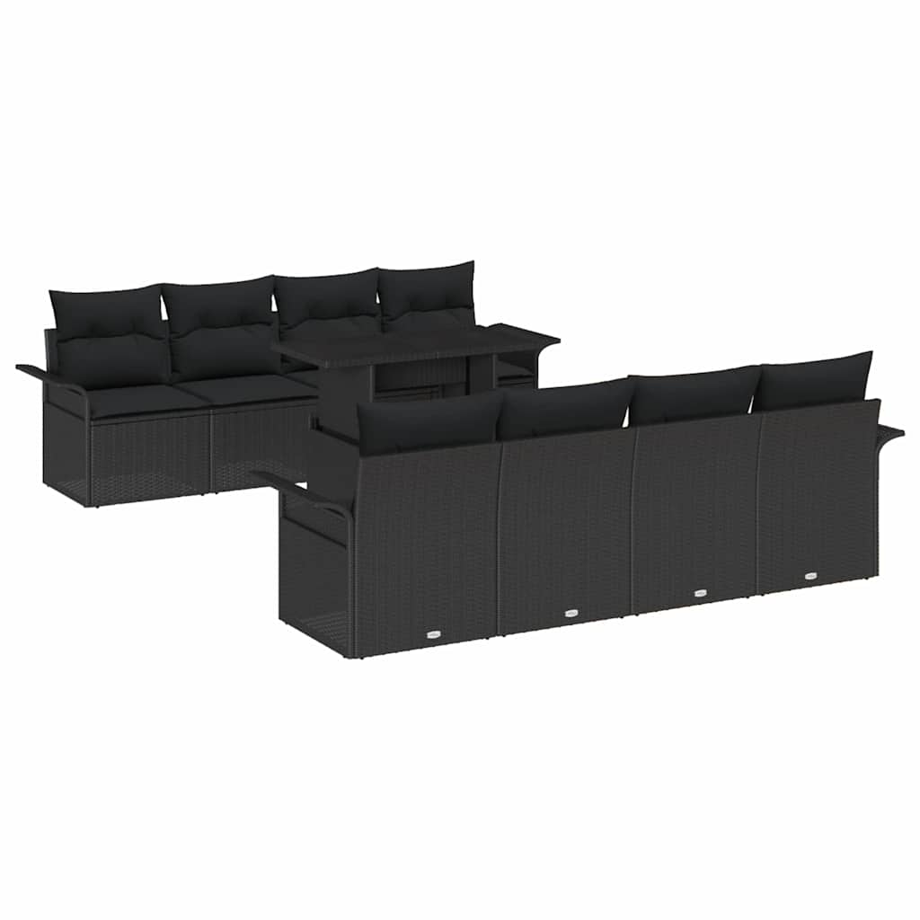 Havesofa Sæt med pude med opbevaring 9 pcs Sort Poly Rattan