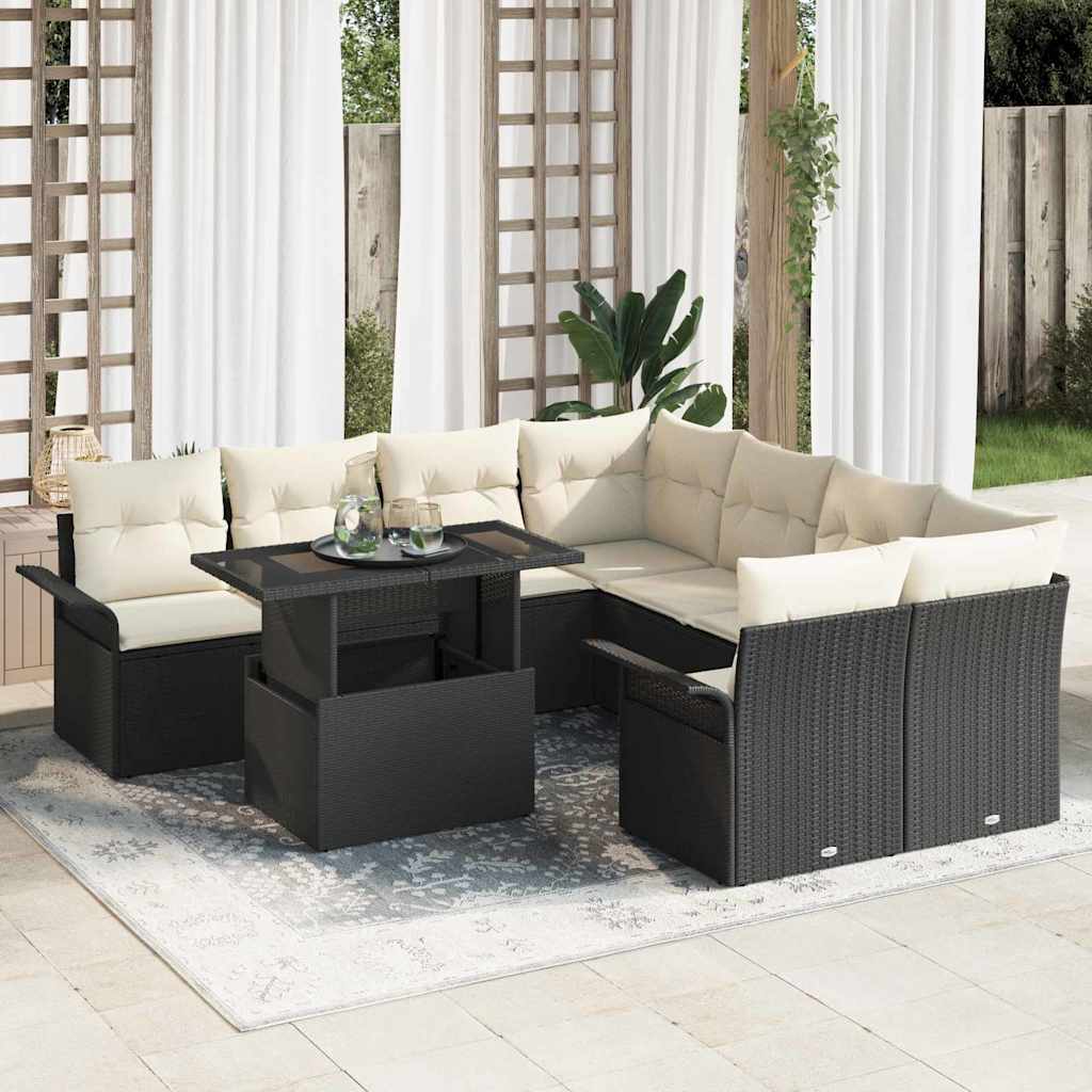 Havesofa Sæt med pude med opbevaring 9 pcs Sort Poly Rattan