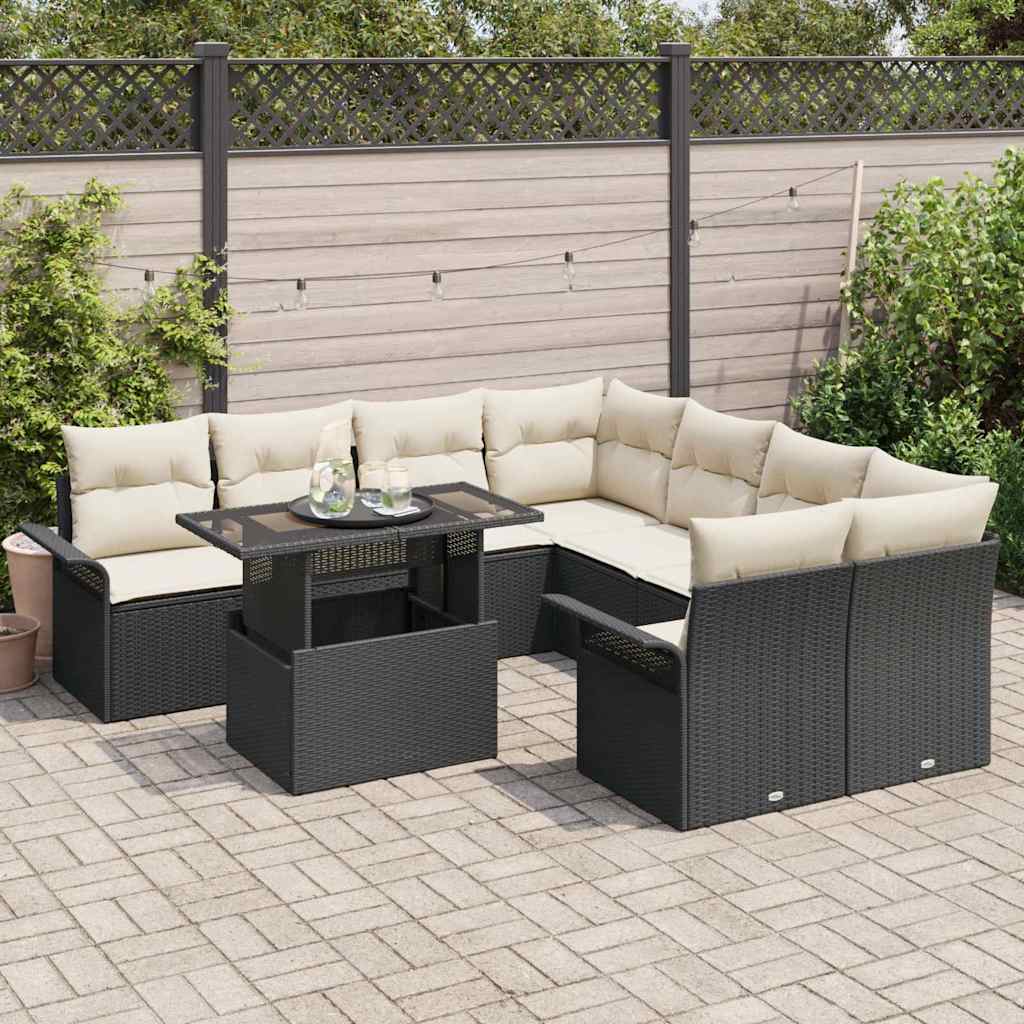 Havesofa Sæt med pude med opbevaring 9 pcs Sort Poly Rattan