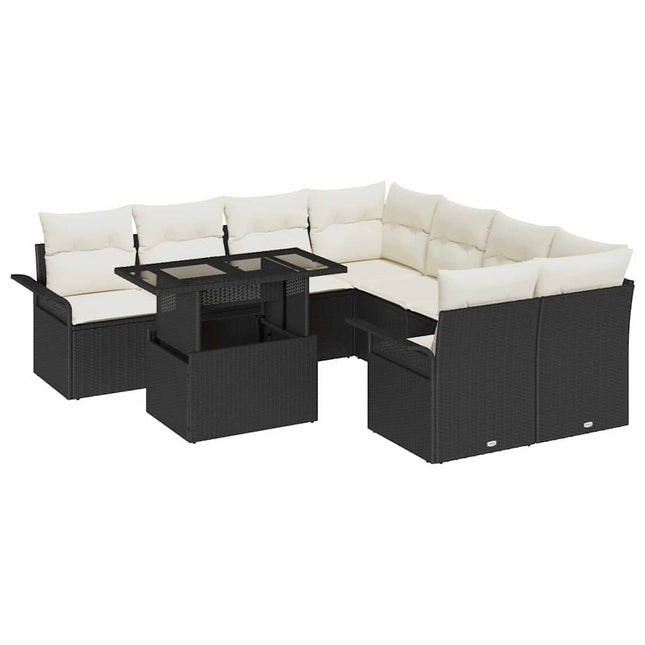Havesofa Sæt med pude med opbevaring 9 pcs Sort Poly Rattan