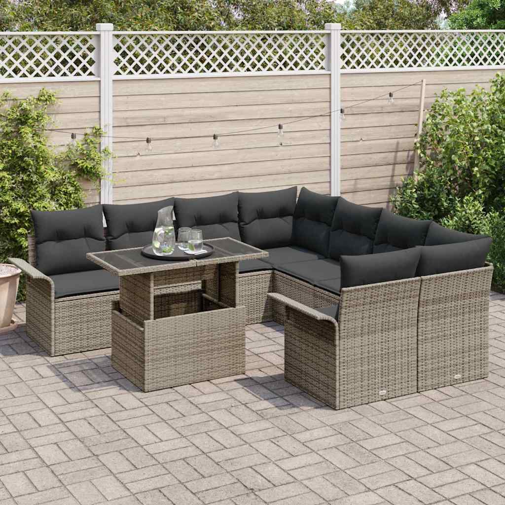 Havesofa Sæt med pude med opbevaring 9 pcs Grå Poly Rattan