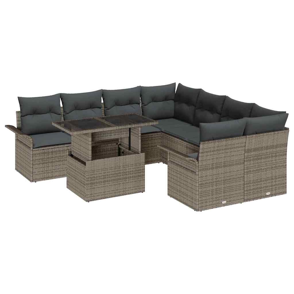 Havesofa Sæt med pude med opbevaring 9 pcs Grå Poly Rattan